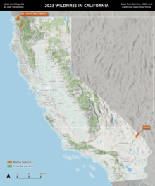 A map of wildfires in California in 2023, using Cal Fire data