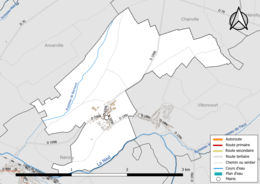 Carte en couleur présentant le réseau hydrographique de la commune