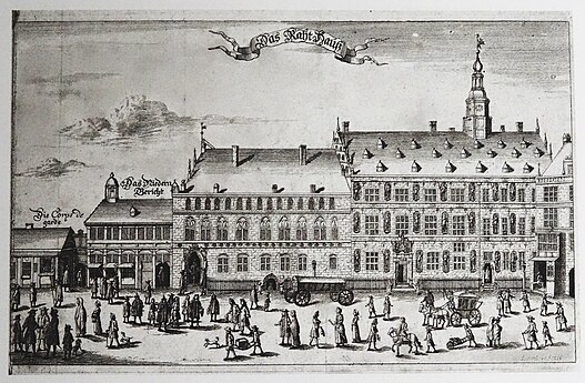 Altes Hamburger Rathaus an der Trostbrücke (Kupferstich um 1690), beim Großen Brand 1842 zerstört