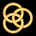 Overhead view of circular-appearing 3D shapes linked in Borromean rings configuration