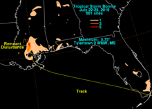 A map depicting rainfall totals produced across the Southern United States from a weak tropical storm.