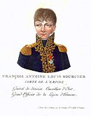 Colored print of a man in a dark blue uniform of the early 19th century. The label reads François Antoine Louis Bourcier.