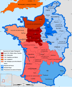The Kingdom of France in 1154. French royal domain in dark blue.