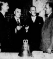 British Commander Robert Boddy, Campbelltown representative Abner Spangler, British consul-general H. C. McClelland, and Lebanon Mayor William Focht at the HMS Campbeltown bell's gifting ceremony in 1950.