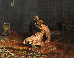 Painting of Ivan the Terrible weeping over the tsarevich Ivan, his injured son