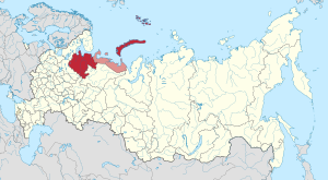 Arkhangelsk Oblast, with the constituent Nenets Autonomous Okrug highlighted in light red