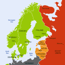 A geopolitical map of Northern Europe in which Finland, Sweden, Norway and Denmark are tagged as neutral nations, and the Soviet Union is shown having military bases in the nations of Estonia, Latvia and Lithuania.