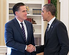 Former governor Mitt Romney meets with President Barack Obama at the White House after the 2012 presidential election.