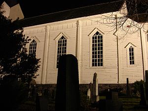 Close up side view of the church