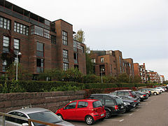 A row of red brick buildings on the "new side" of Katajanokka.