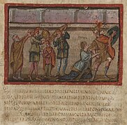 Folio 22 recto dal Virgilio vaticano, contenente un'illustrazione dall'Eneide raffigurante la fuga da Troia