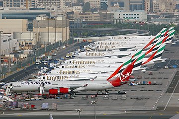 Aircraft parked at remote stands at Dubai International Airport