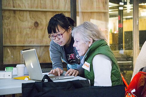 Intergenerational support at the 2014 Wikipedia Art+Feminism Edit-a-thon at Eyebeam in New York City