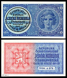 First issue of currency in Protectorate of Bohemia and Moravia (an unissued 1938 Czechoslovak note with a validation stamp for use in 1939)