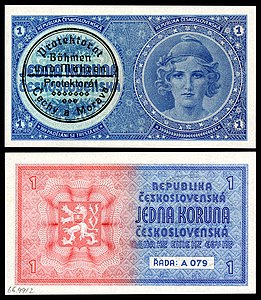 One Bohemian and Moravian koruna from 1939, by TB Prague
