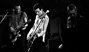Joe Strummer, Mick Jones, and Paul Simonon in concert with the Clash in 1980