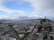 View of Coit Tower, Alcatraz, and Marin County from Downtown.