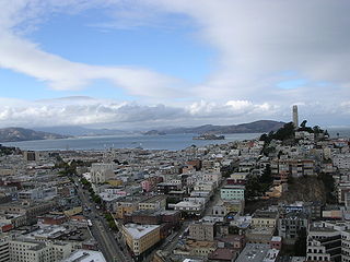 View of Coit Tower, Alcatraz, and Marin County from Downtown.