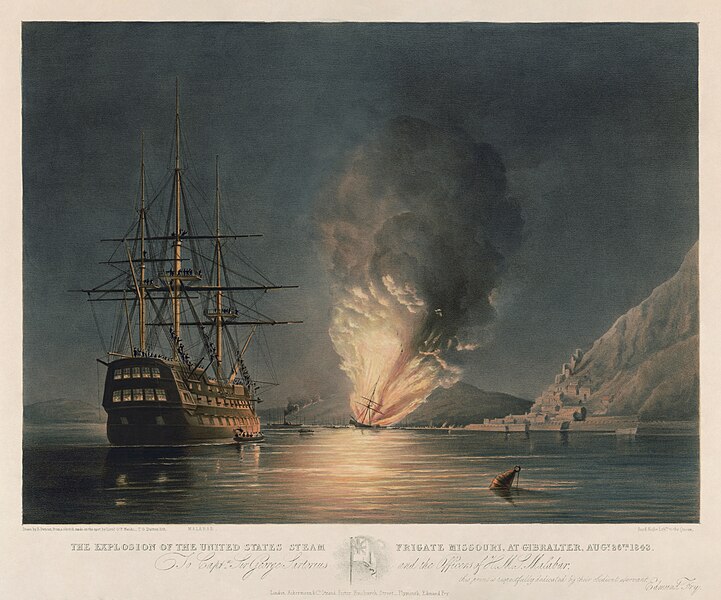 HMS Malabar observes the final fate of USS Missouri: lithograph by Thomas Goldsworthy Dutton after an artwork by Edward Duncan after a sketch by George Pechell Mends. Restored by Adam Cuerden