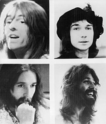 Group members in 1973, as pictured on the back cover of Foghat's second album; clockwise from top left: "Lonesome" Dave Peverett, Tony Stevens, Roger Earl, Rod "The Bottle" Price