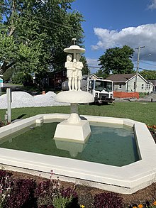 Une statue représentant un petit garçon et une petite fille s'abritant sous un champignon