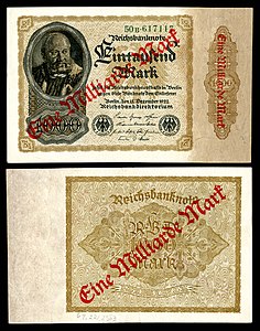 One-billion Mark at German Papiermark, by the Reichsbankdirektorium Berlin