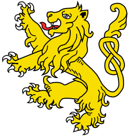 León de oro armado de argén, lampasado de gules, cola anudada