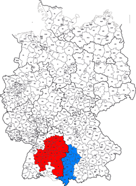 Los límites actuales de Suabia: en rojo, en Wurtemberg; en azul, el distrito de Suabia en Baviera