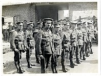 Soldiers of the Leicestershire Regiment in France in 1915, in khaki Service Dress with 1908 Pattern carrying equipment.