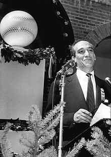 Shirley Povich as master of ceremonies at Cooperstown, 1955