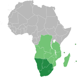 Map of Africa indicating SADC (light green) and SADC+SACU (dark green) members