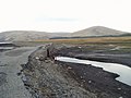 The old bridge and road, exposed during low water levels.