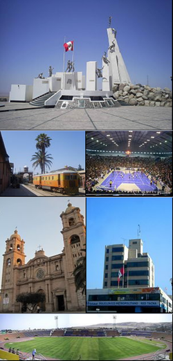 Clockwise from top: Alto de la Alianza, the Coliseo Cerrado Perú, Municipal Hall, Basadre Stadium, Cathedral and railway museum