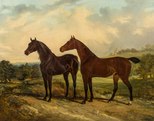 Two thoroughbreds in a wide landscape (1828) by Charles Hancock.