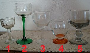 Verres ballon,1=de bistrot, 2=d'Alsace, 3 et 4=ordinaire, 5=verre soufflé du XIXe siècle