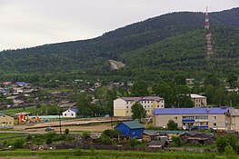 Photographie d'un village avec quelques bâtiments au centre, avec derrière des montagnes couvertes de taïga.