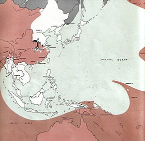 Map of the western Pacific Ocean and South East Asia marked with the territory controlled by the Allies and Japanese as at mid-May 1944