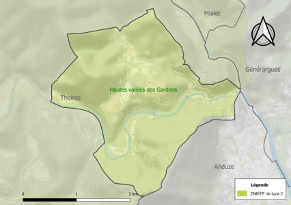 Carte de la ZNIEFF de type 2 sur la commune.