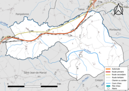 Carte en couleur présentant le réseau hydrographique de la commune