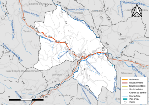 Carte en couleur présentant le réseau hydrographique de la commune