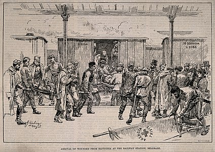 Arrival of wounded from Slivnitza at Belgrade Railway station during the Serbo-Bulgarian War of 1885