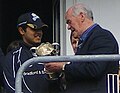 Azeem Rafiq receives Yorkshire 2008 Academy Player of the Year award from Brian Close