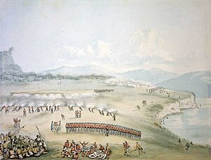 A landscape showing a battle mounted by soldiers in red coats against a fort in mid-distance, with further fighting in the far distance; the shores of a lake is on the left