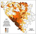 Hrvati (nijanse narančaste boje) po općinama 1953. godine