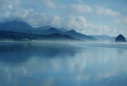 Facing South, with Haystack Rock on the right