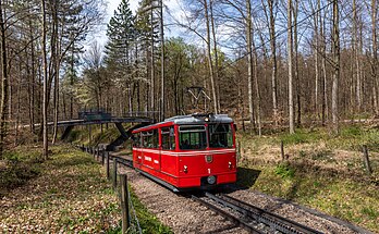 Une automotrice Dolderbahn Bhe 1/2 1-2, sur crémaillère Strub, sur les pentes de l'Adlisberg, à Zurich. (définition réelle 6 436 × 3 973)