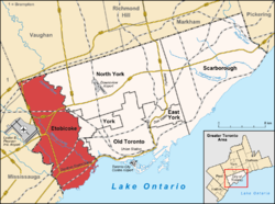 Location of Etobicoke (red) compared to the rest of Toronto.