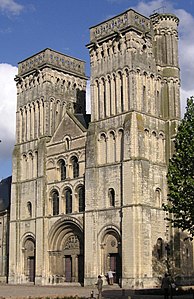 The Church of the Abbey of la Trinité, Caen shows the development of the twin-tower and triple-portal facade
