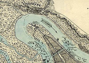 A map, with the city of Vicksburg, Mississippi at the top. Below Vicksburg is the Mississippi River, shown in approximately the shaped of an inverted U. Across the spit of land within the U is Grant's Canal.