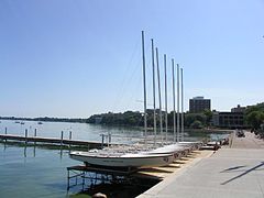 Hoofer Badger Sloops on Lake Mendota behind Memorial Union